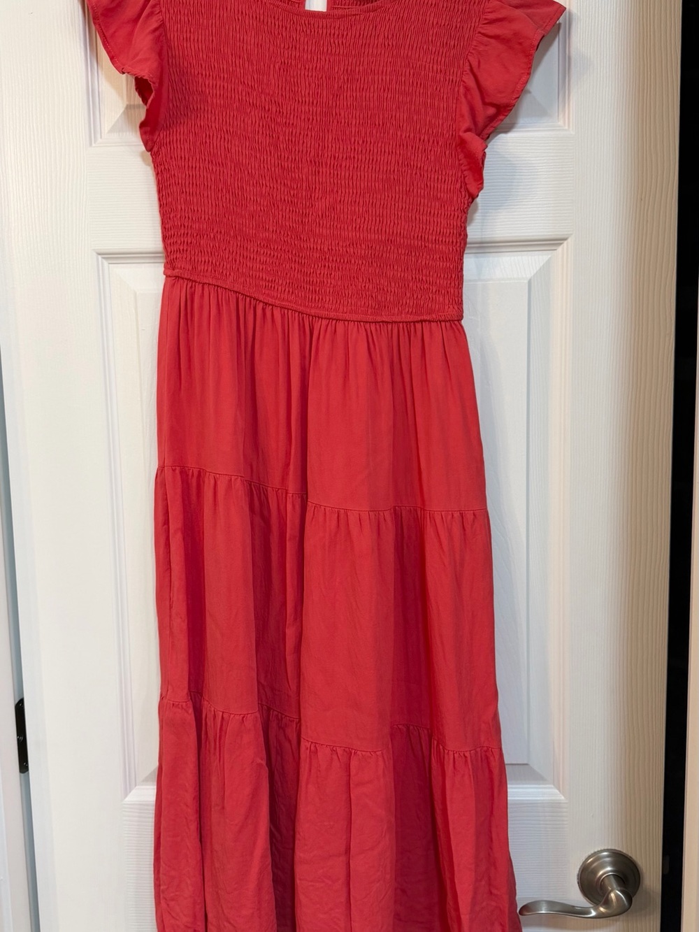 Smocked Bodice Tiered Maxi Dress in Coral